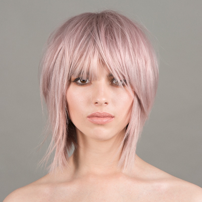 Pink haired girl headshot